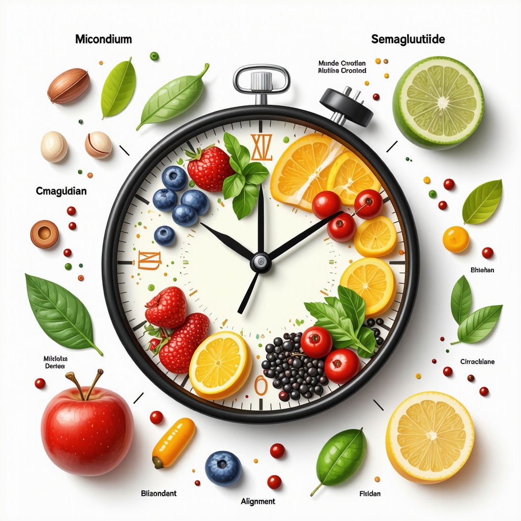 Illustration showing micronutrient-rich foods, mindful eating icons, and circadian clock to represent enhancement of semaglutide fat loss effects