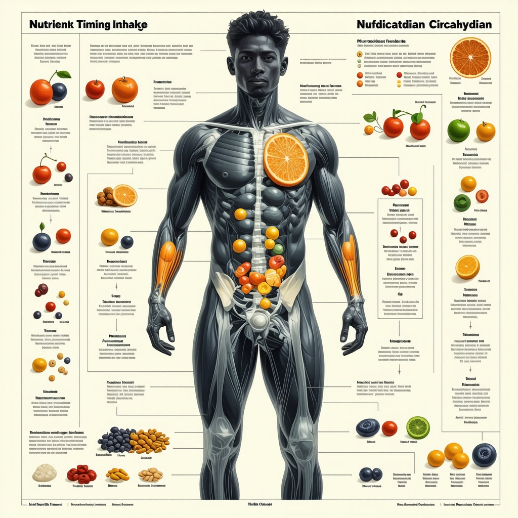 Diagram showing nutrient timing coordinated with medication pharmacokinetics and circadian biology, illustrating enhanced fat metabolism