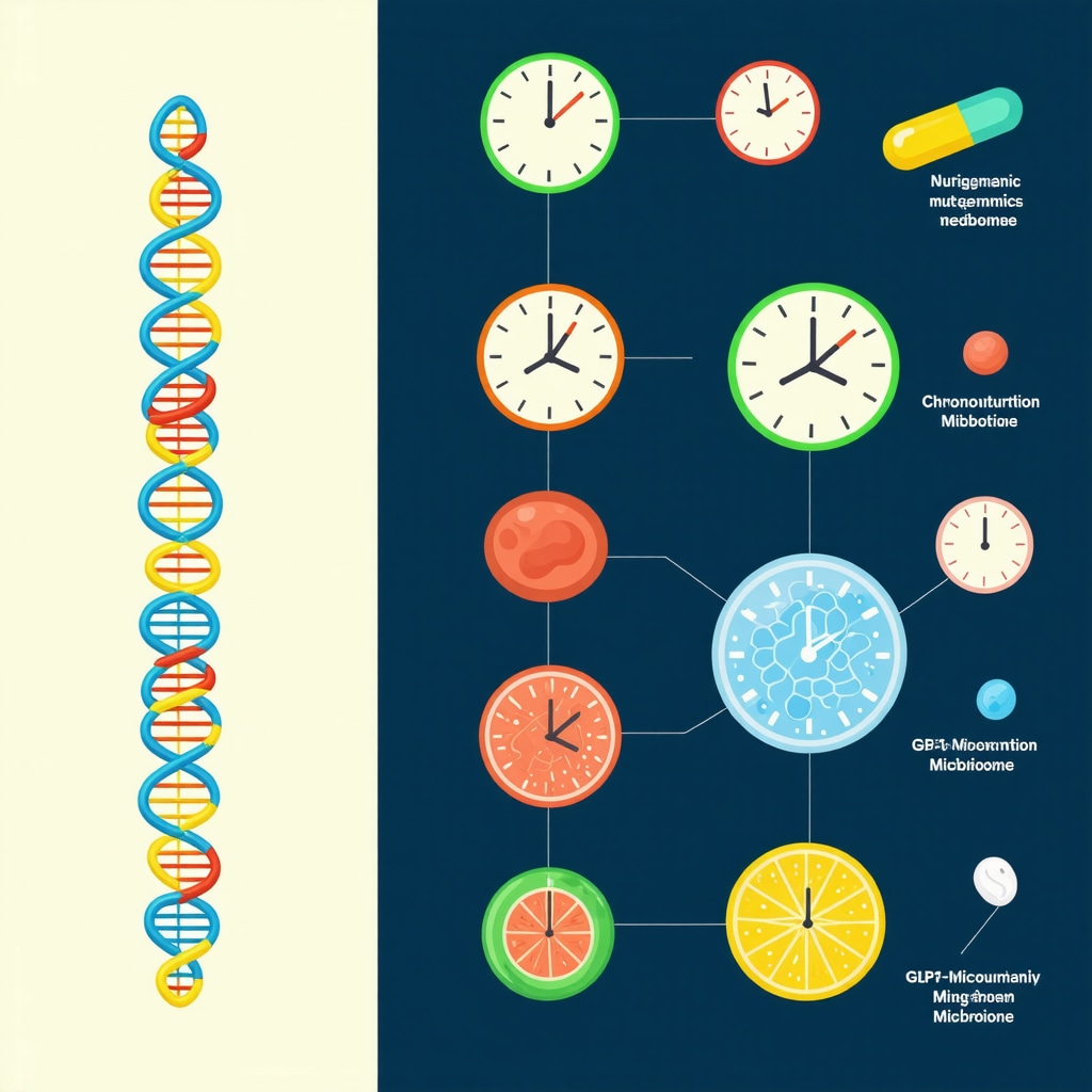 Visual infographic illustrating DNA, meal timing clocks, and gut bacteria icons interconnected to optimize GLP-1 medication effects for weight loss