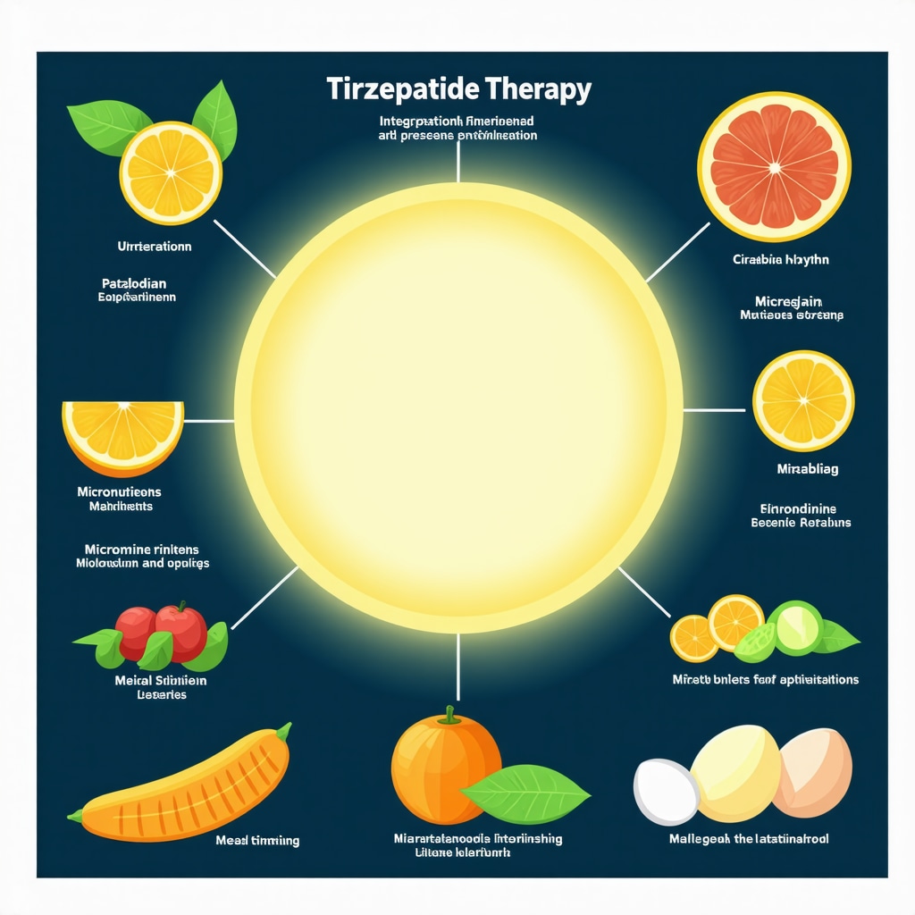 Diagram showing Tirzepatide therapy combined with tailored micronutrient intake and circadian-aligned meal timing for enhanced metabolic health