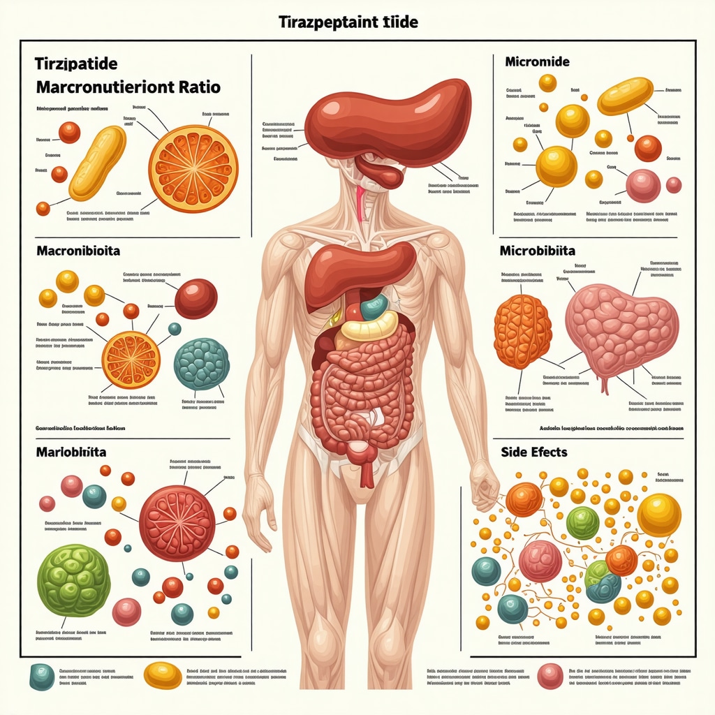Infographic showing tirzepatide's interaction with diet macronutrients and gut health