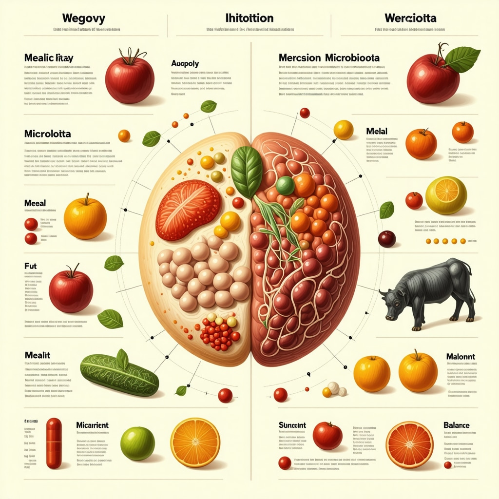 Diagram showing Wegovy medication interacting with gut microbiome and personalized diet factors