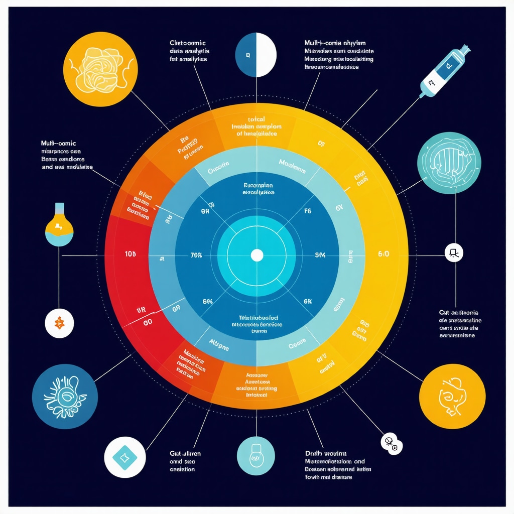 Diagram showing circadian rhythm, multi-omics, microbiome, and AI in personalized fat loss protocols