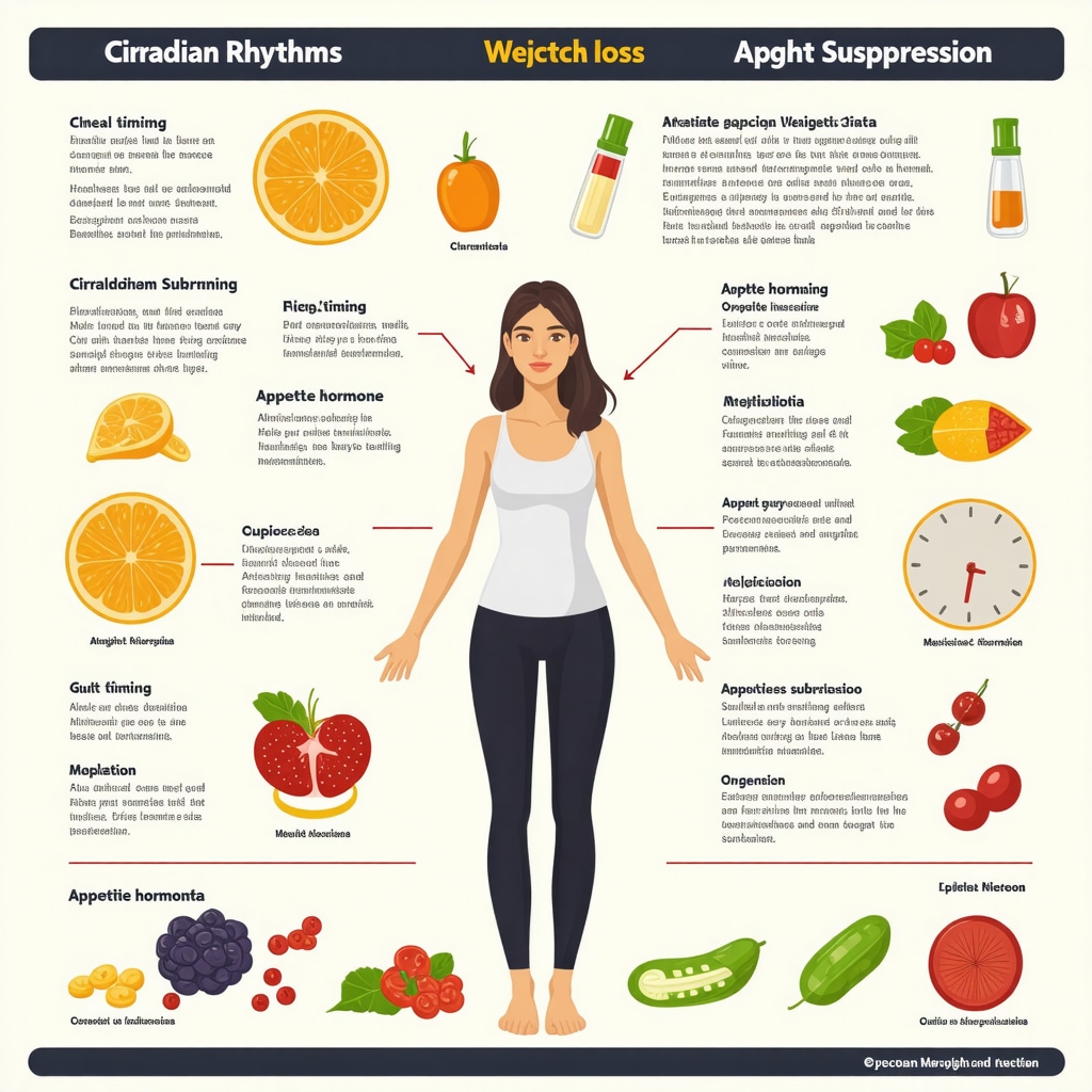 Diagram illustrating how circadian rhythms, meal timing, gut microbiota, and weight loss medications interact to suppress appetite effectively