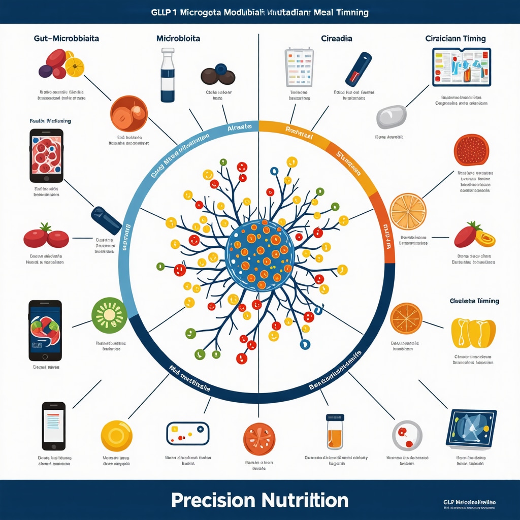 Infographic showing GLP-1 drug interactions with gut microbiota, circadian rhythms, and digital health tools for personalized nutrition
