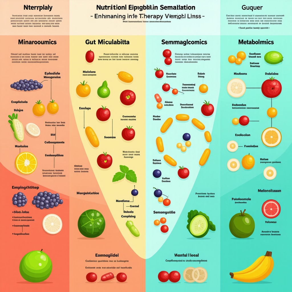Diagram showing molecular pathways of epigenetics, microbiota modulation, and metabolomics enhancing semaglutide effects