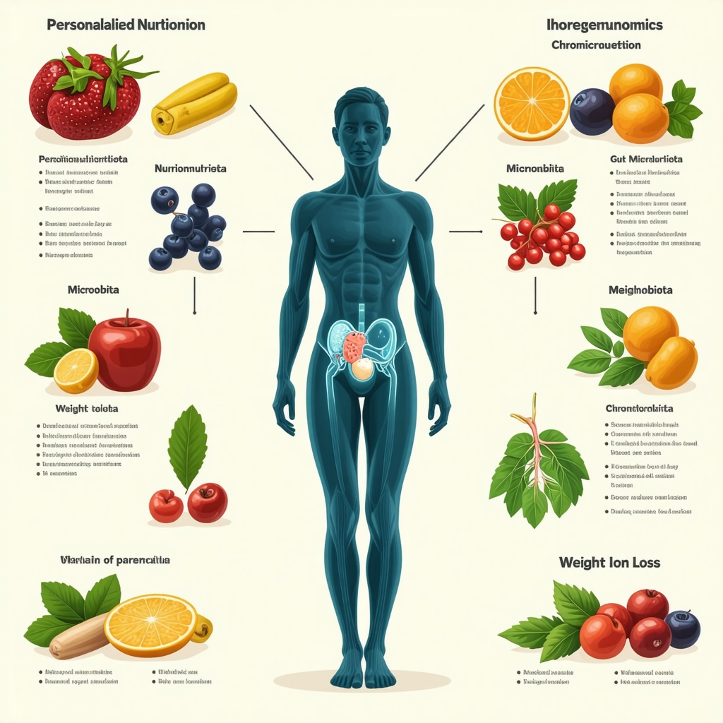 Infographic illustrating the synergy between personalized diet plans, genetic insights, meal timing, gut microbiota, and weight loss medications enhancing fat loss