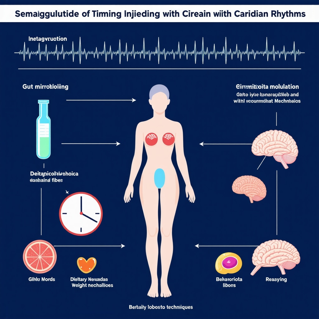 Diagram showing synchronization of semaglutide injections with circadian rhythms, gut microbiota-enhancing foods, and behavioral therapy for weight loss