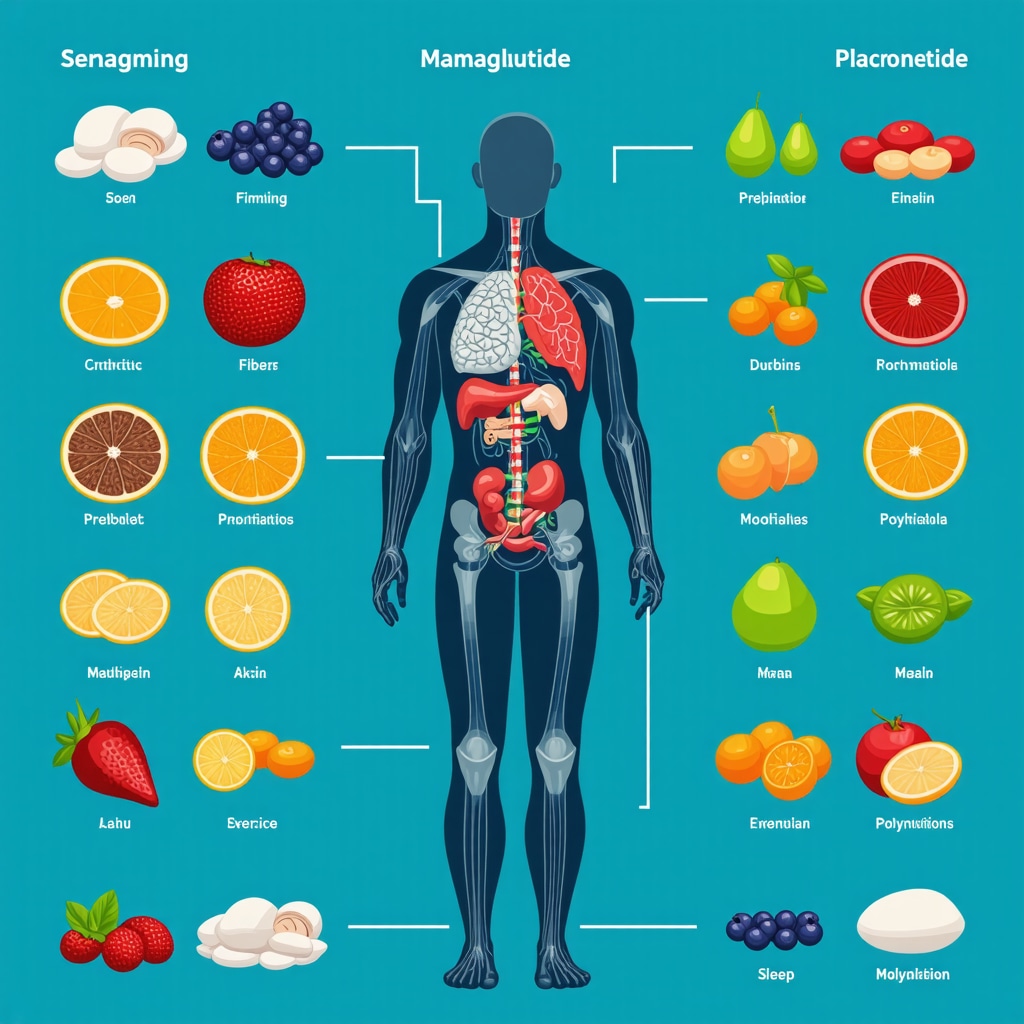 Infographic showing timing of Semaglutide peaks, optimal meal timing, macronutrient ratios, gut-brain axis elements, and lifestyle factors