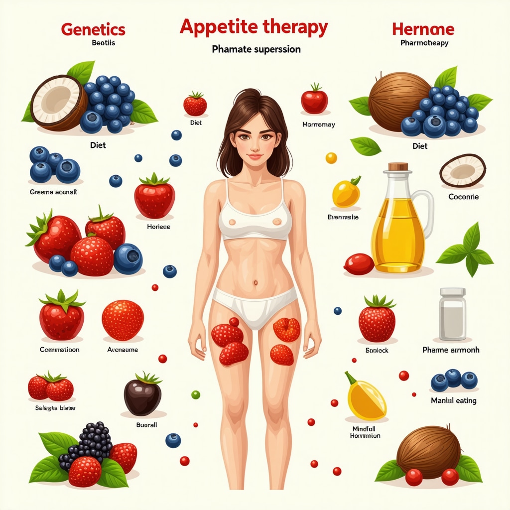Infographic showing how genetics, diet, and medication interact to control appetite