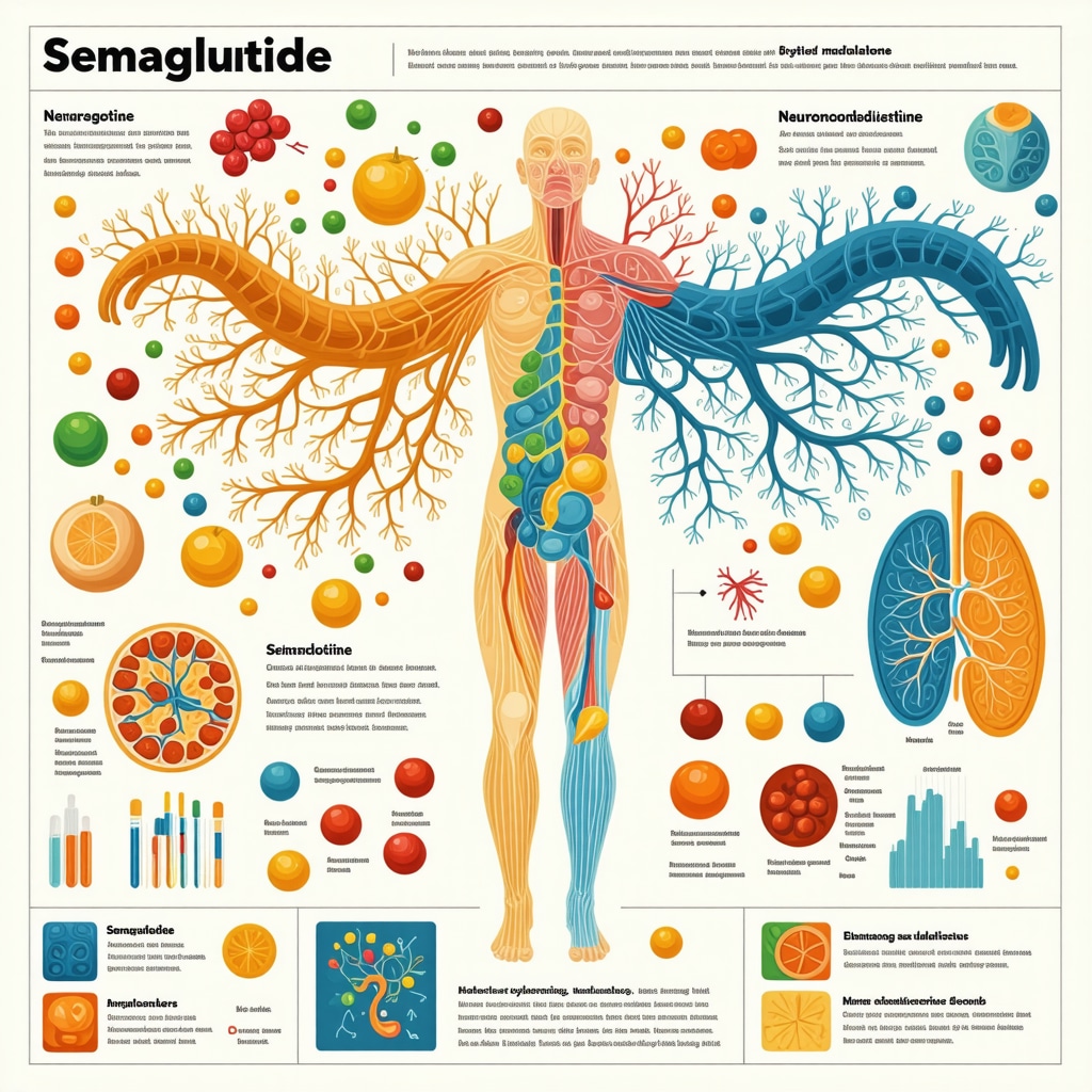 Diagram illustrating semaglutide's interaction with gut microbiota, neuroendocrine system, biomarkers, and digital health platforms for optimized weight loss