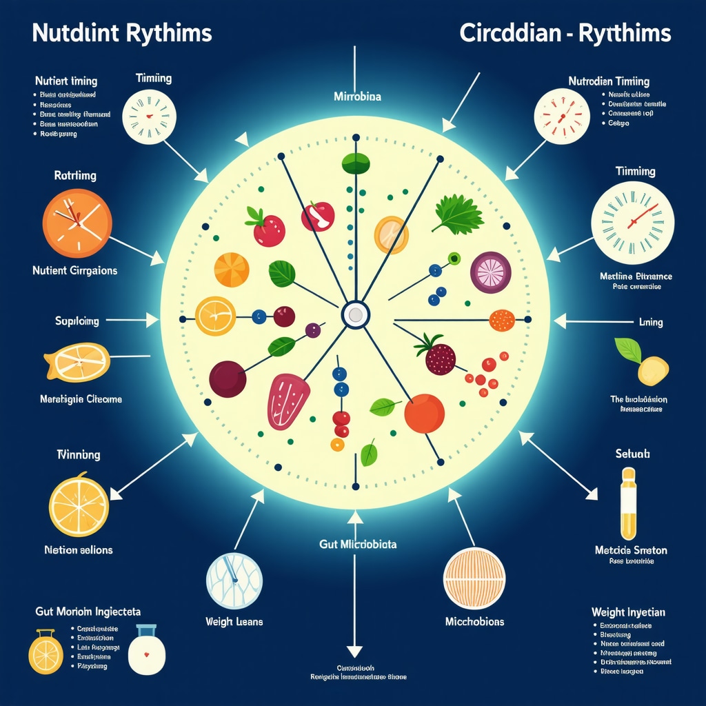 Diagram depicting circadian rhythm, nutrient timing, gut microbiota influence on weight loss injections effectiveness