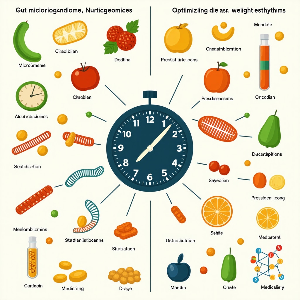 Infographic depicting gut microbiome, genetic factors, and meal timing to enhance weight loss medication efficacy