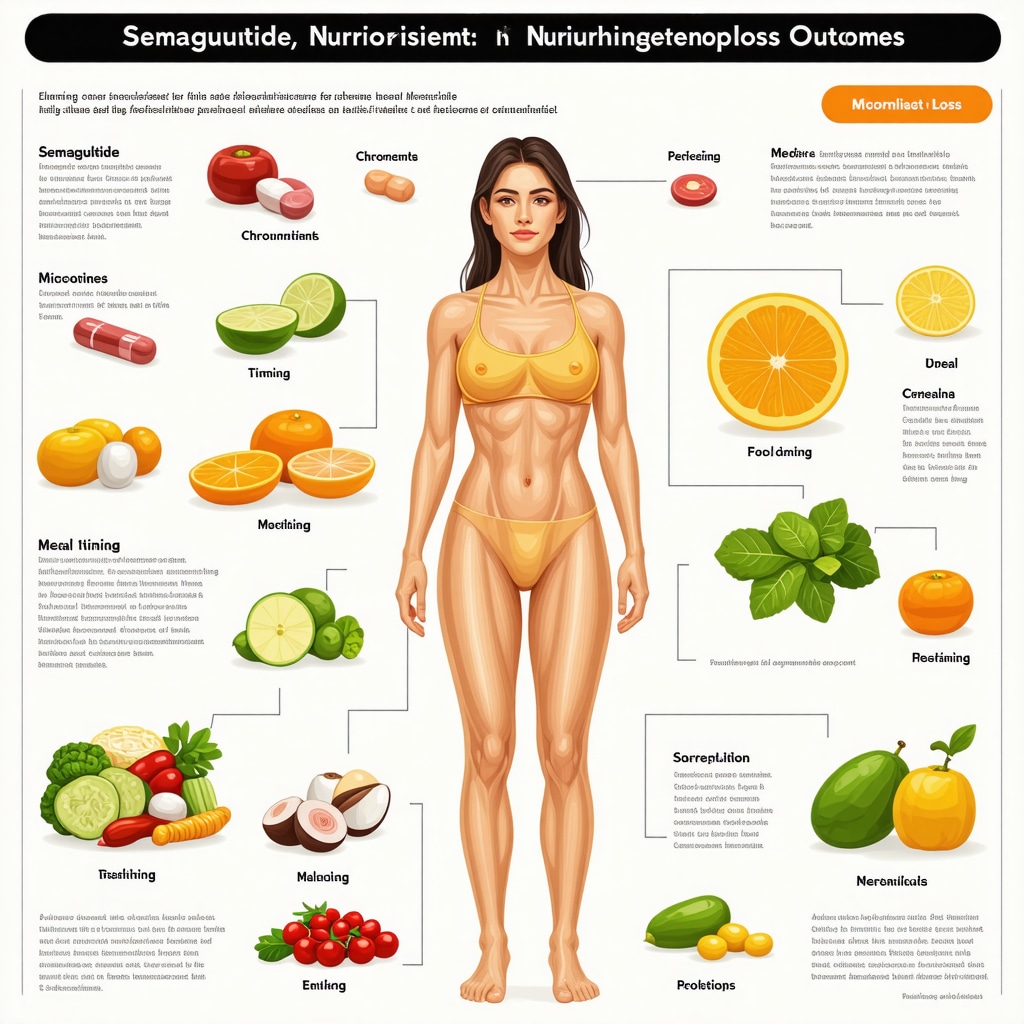 Diagram depicting semaglutide's interaction with micronutrients, chrononutrition, and nutrigenomics for optimized fat loss