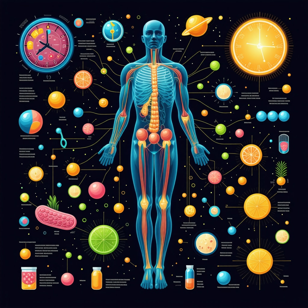 Diagram depicting how nutrigenomics, circadian rhythms, and gut microbiota influence Ozempic efficacy in metabolism and weight loss