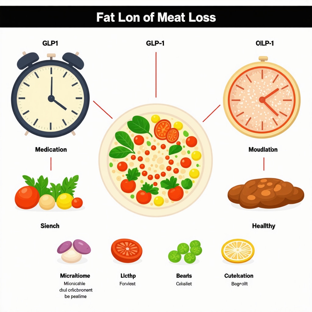 Infographic depicting how meal timing and gut microbiome modulation enhance GLP-1 drug efficacy for weight loss