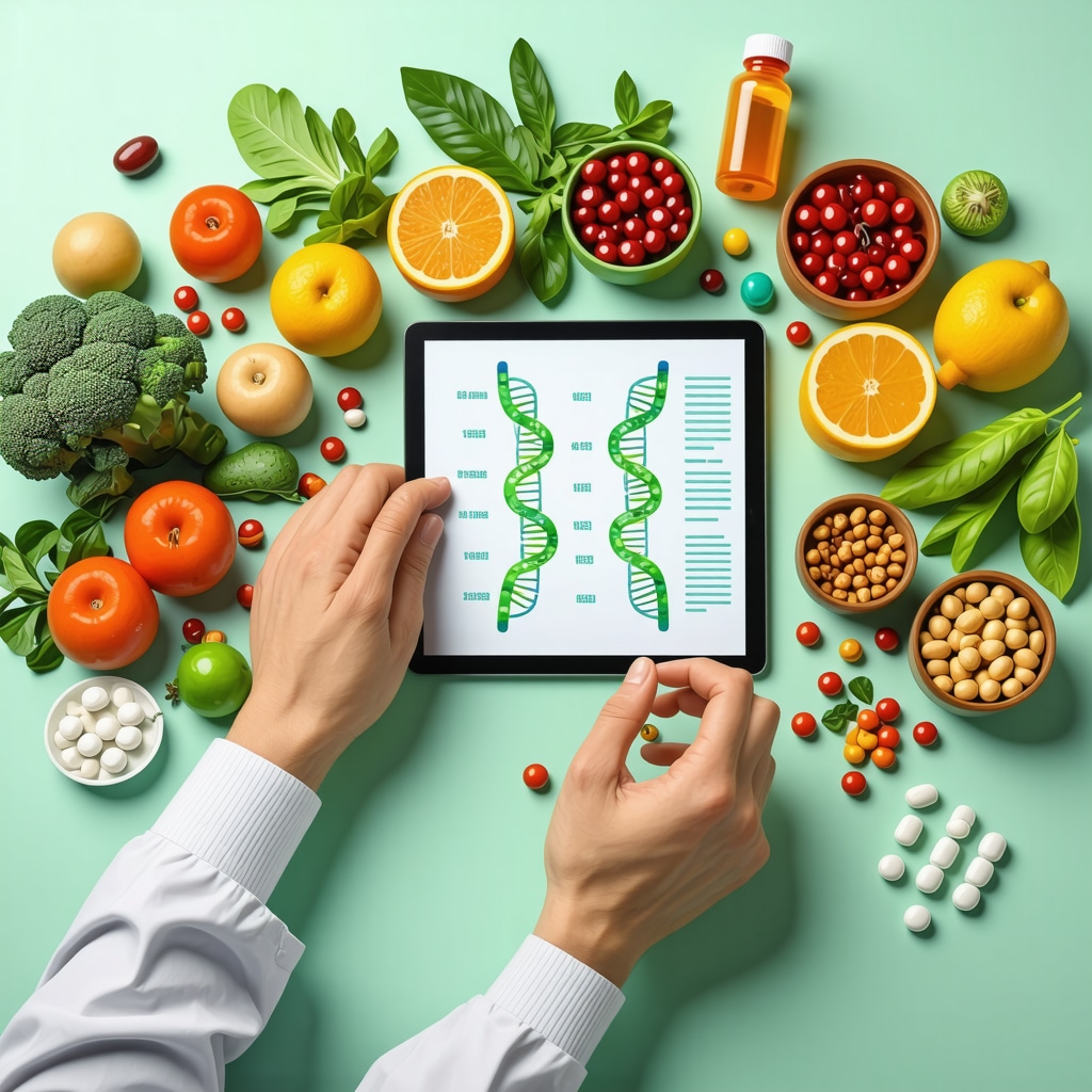 Healthcare professional reviewing genetic data alongside healthy foods and medications representing personalized diet-medication synergy