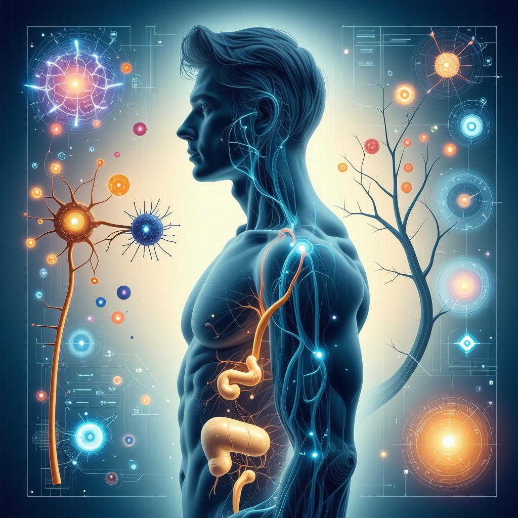 Illustration showing molecular epigenetic markers, neural gut-brain pathways, and AI data analytics for weight loss optimization