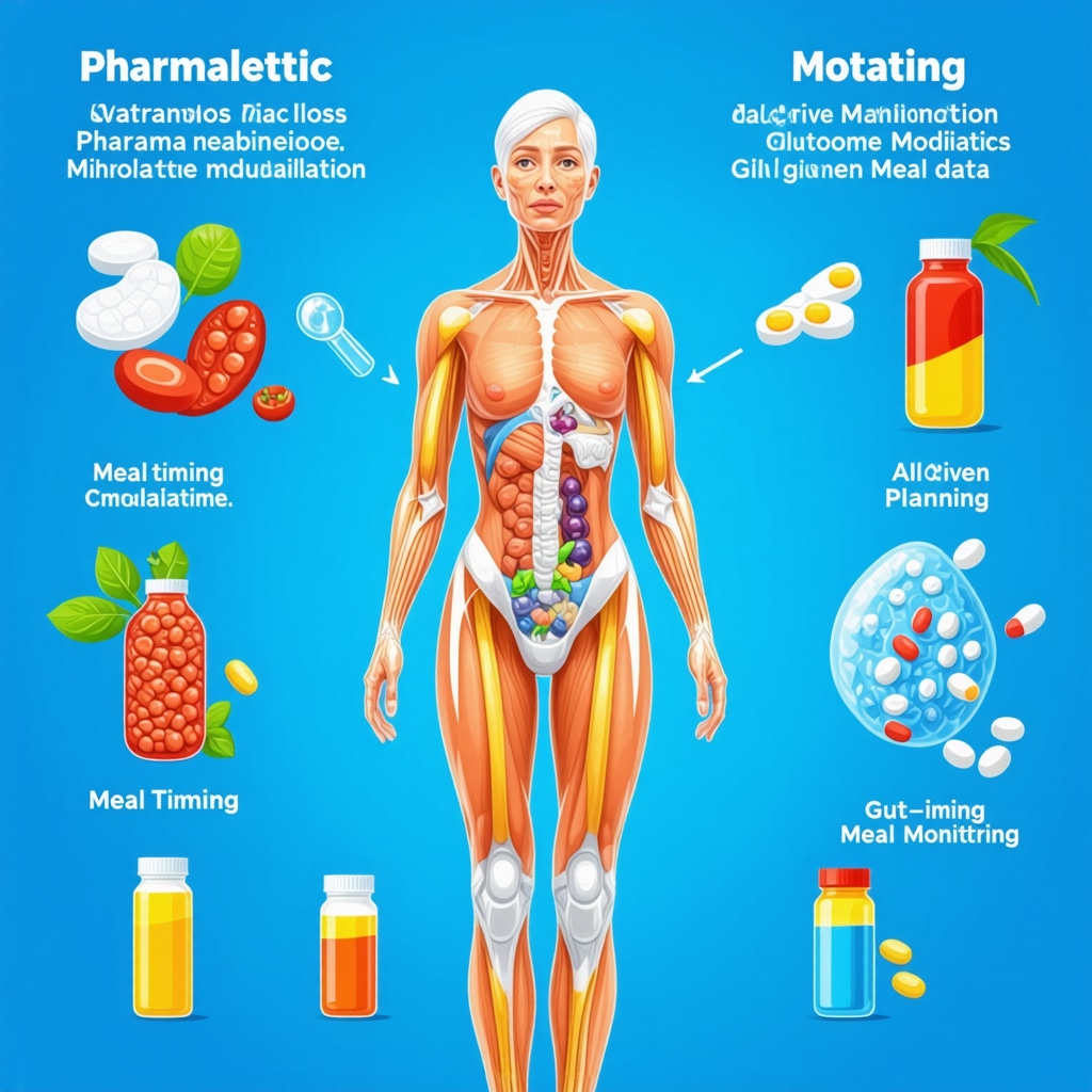 Diagram showing fat loss medication effects combined with meal timing, gut microbiome, and AI-based meal planning with CGM data