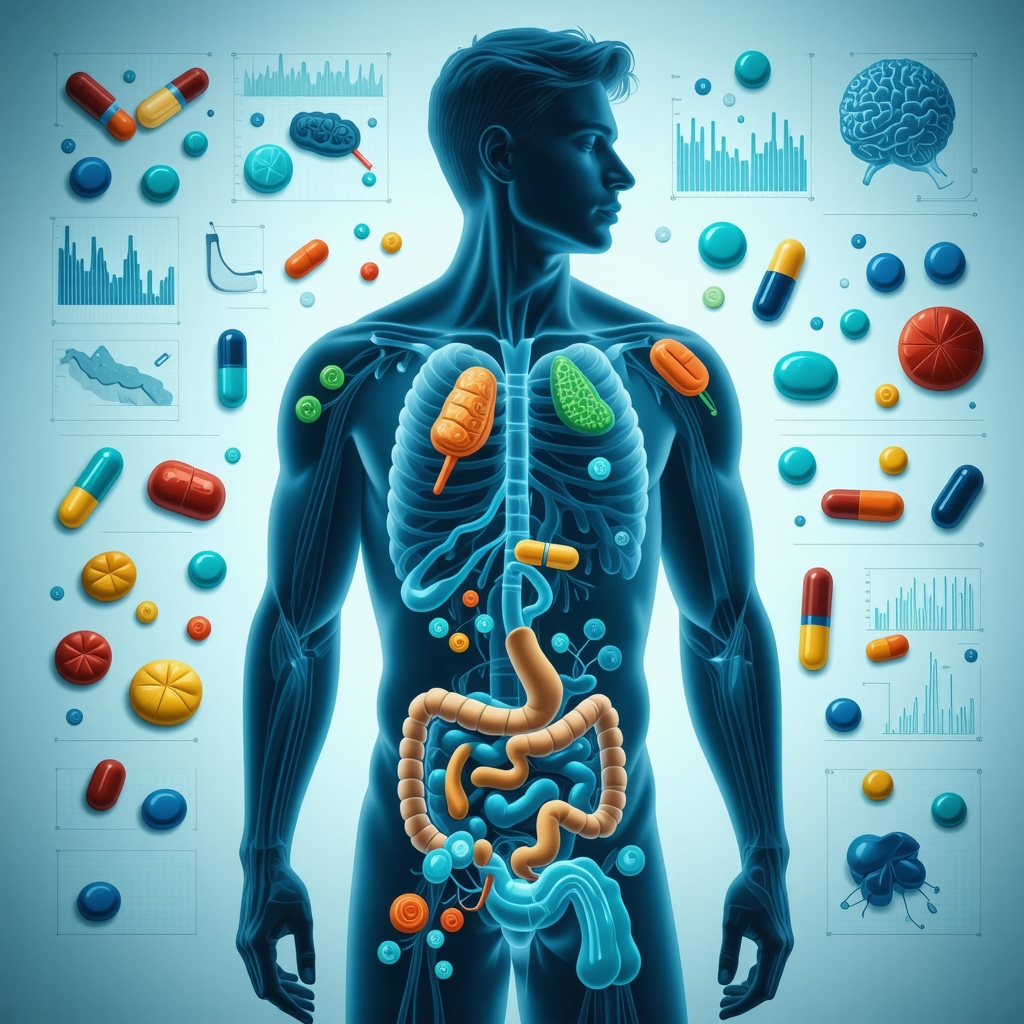Graphic showing gut microbiota, biomarker data, and weight loss medication synergy in the human body