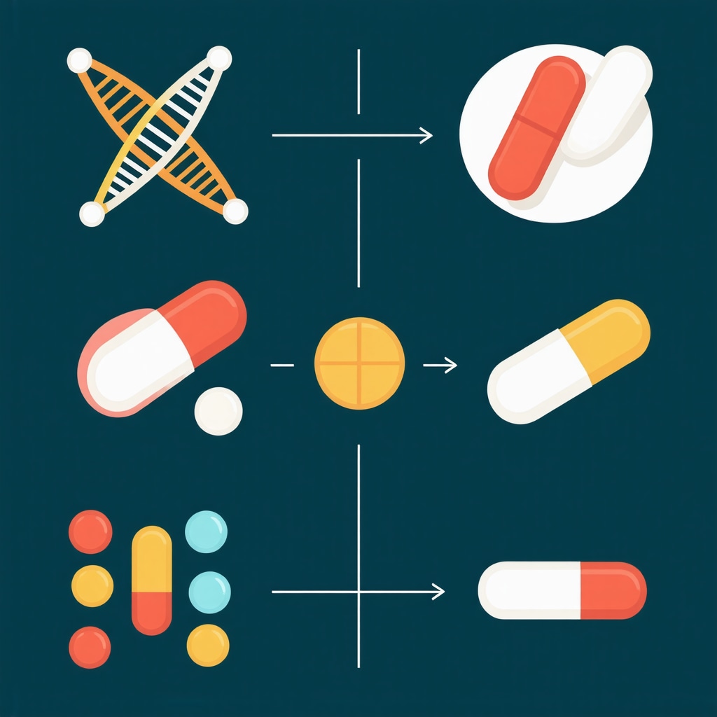 Illustration of genetic markers, behavioral economics concepts, and weight loss medication icons interconnected to depict personalized diet and medication synergy
