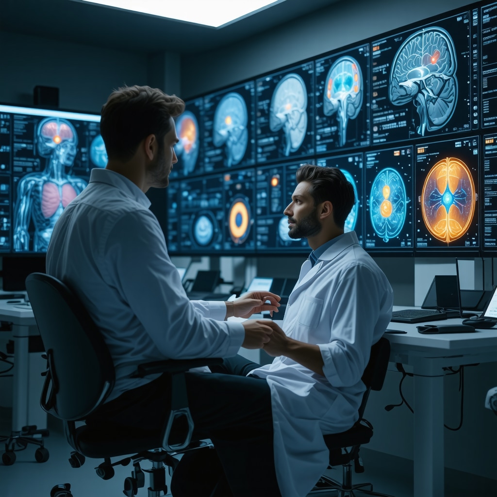 Doctor reviewing genetic and neuroimaging data on digital screens for personalized weight loss treatment