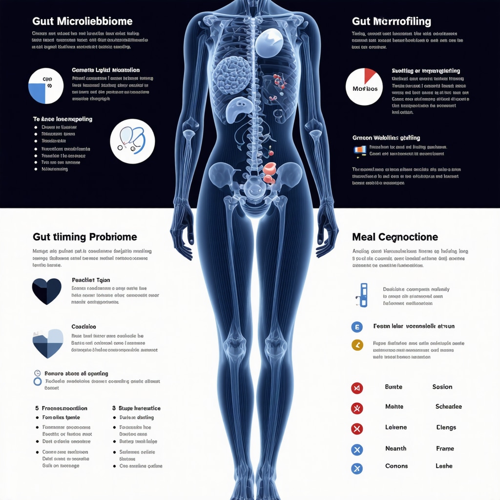 Infographic showing genetic testing, microbiome analysis, and timed meals aligned with medication for optimized fat loss