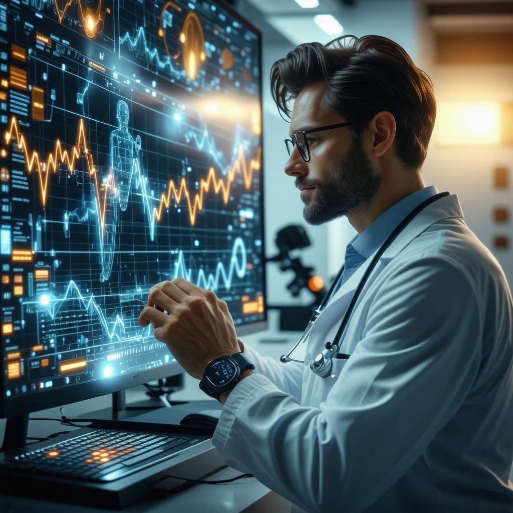 Healthcare professional reviewing data from wearable device with circadian rhythm and genetic information overlays