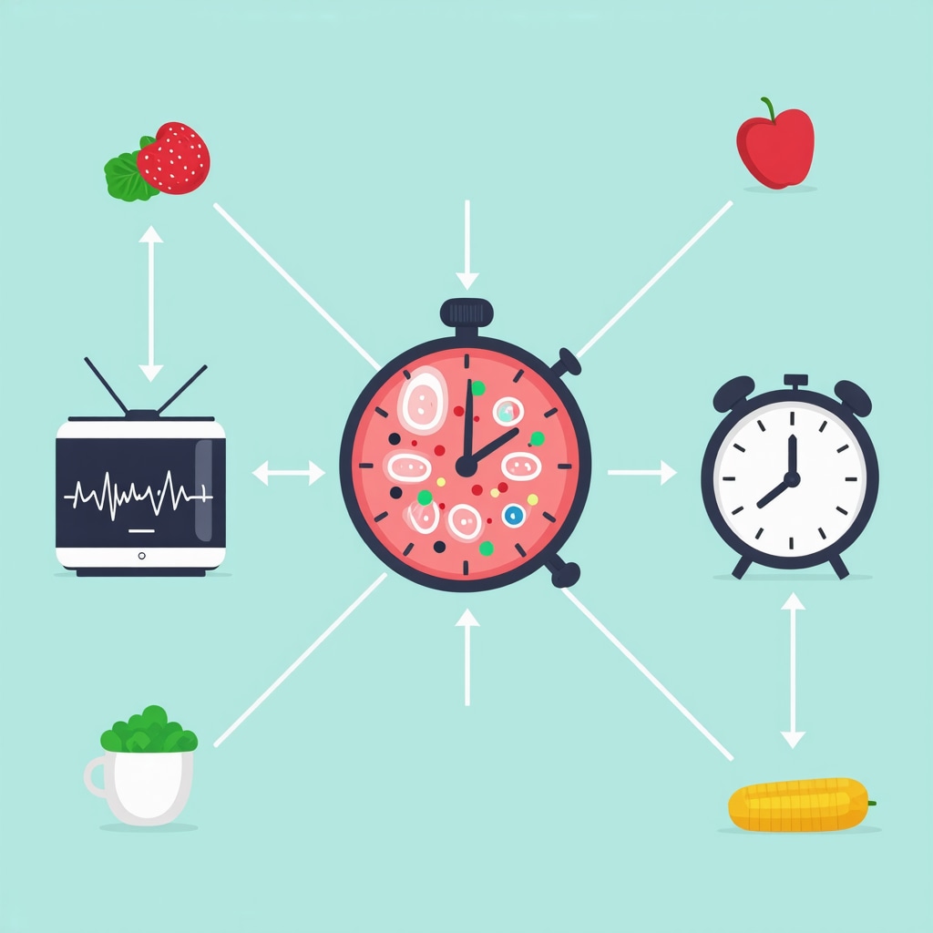 Diagram depicting gut microbiome, digital health devices, and clock interconnected representing personalized weight management
