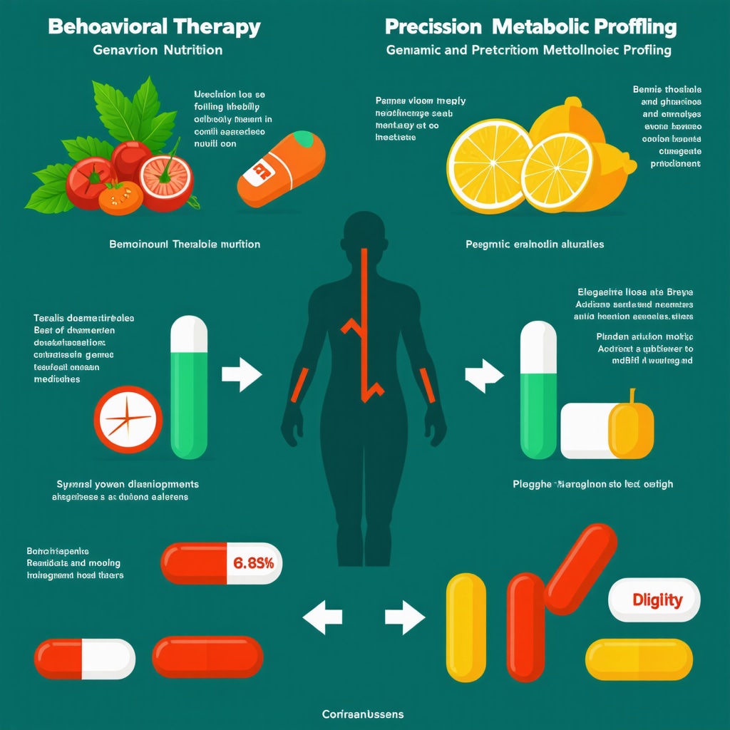 Infographic showing behavioral therapy, precision nutrition, and prescription medications working together for effective weight loss