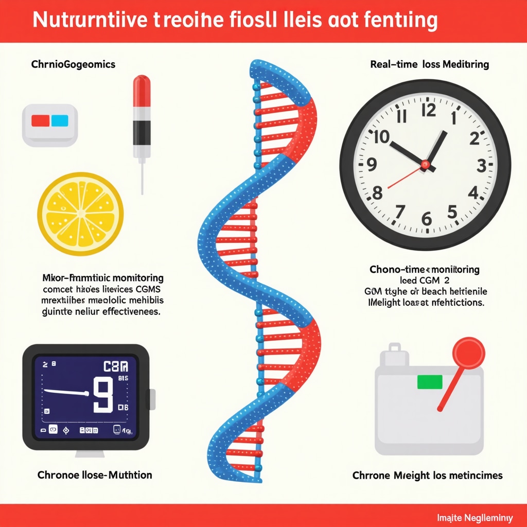 Infographic showing DNA, glucose monitor, and clock to illustrate personalized diet and medication synergy for weight loss