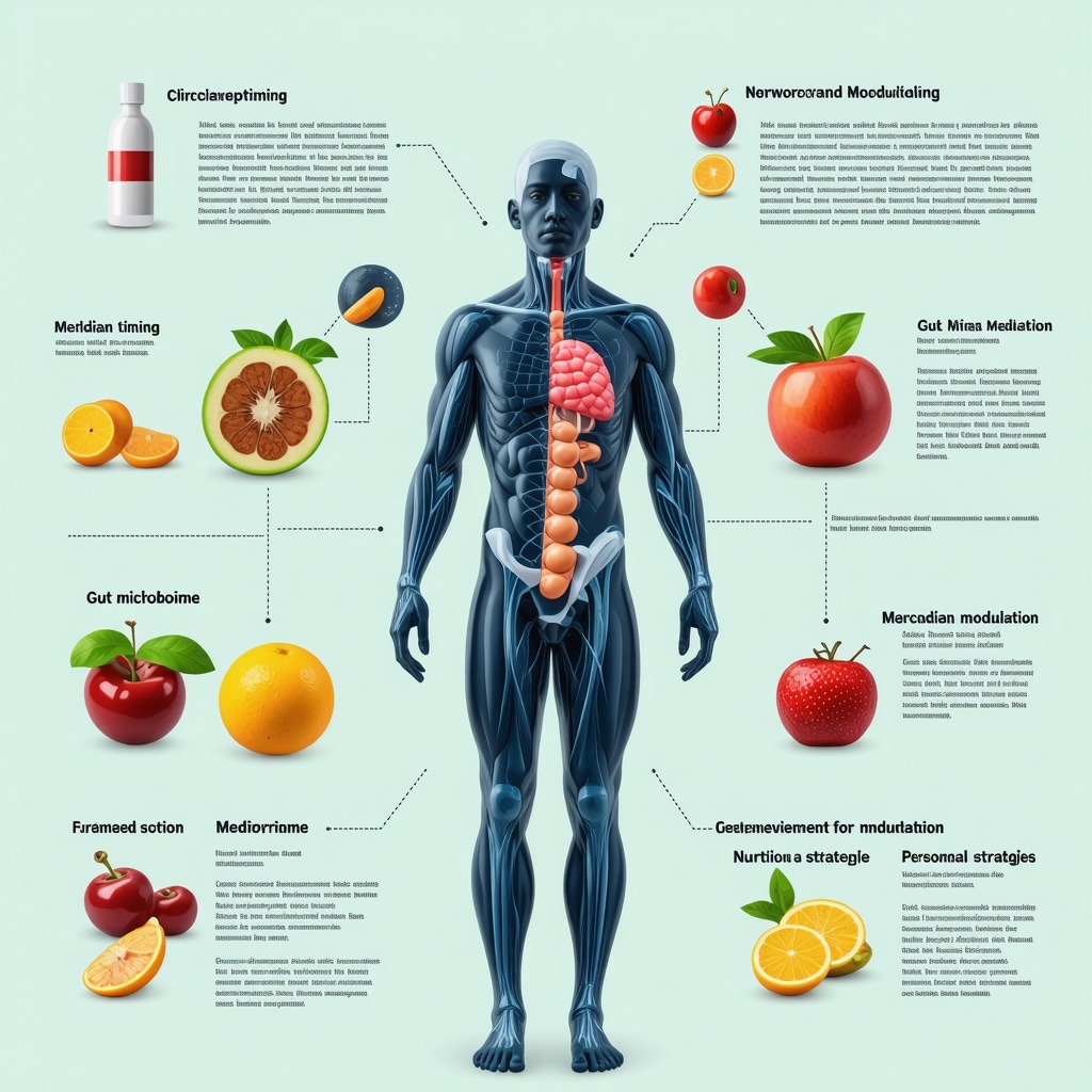 Infographic showing circadian rhythm, medication timing, gut microbiota, and personalized diet for weight loss