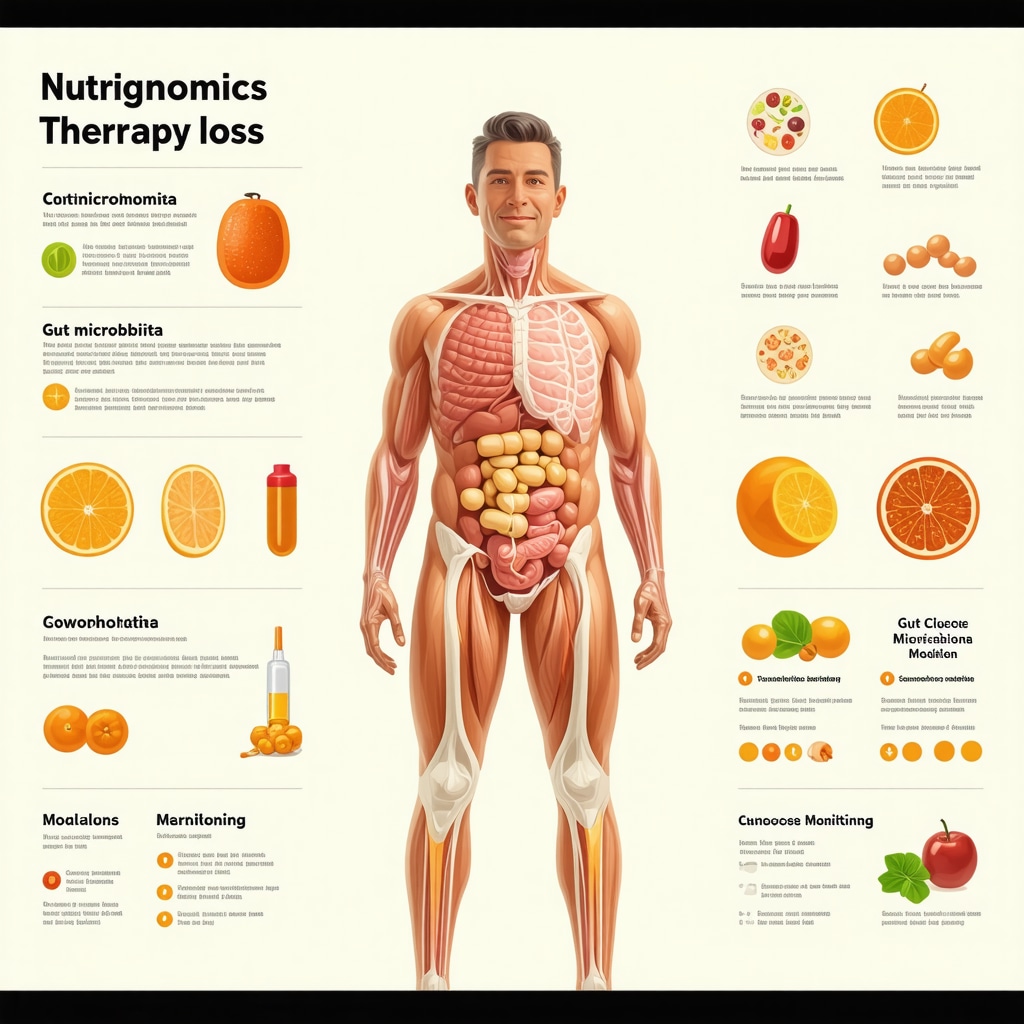 Diagram showing how genetics, gut bacteria, glucose monitoring, and behavior combine to improve injection therapy outcomes