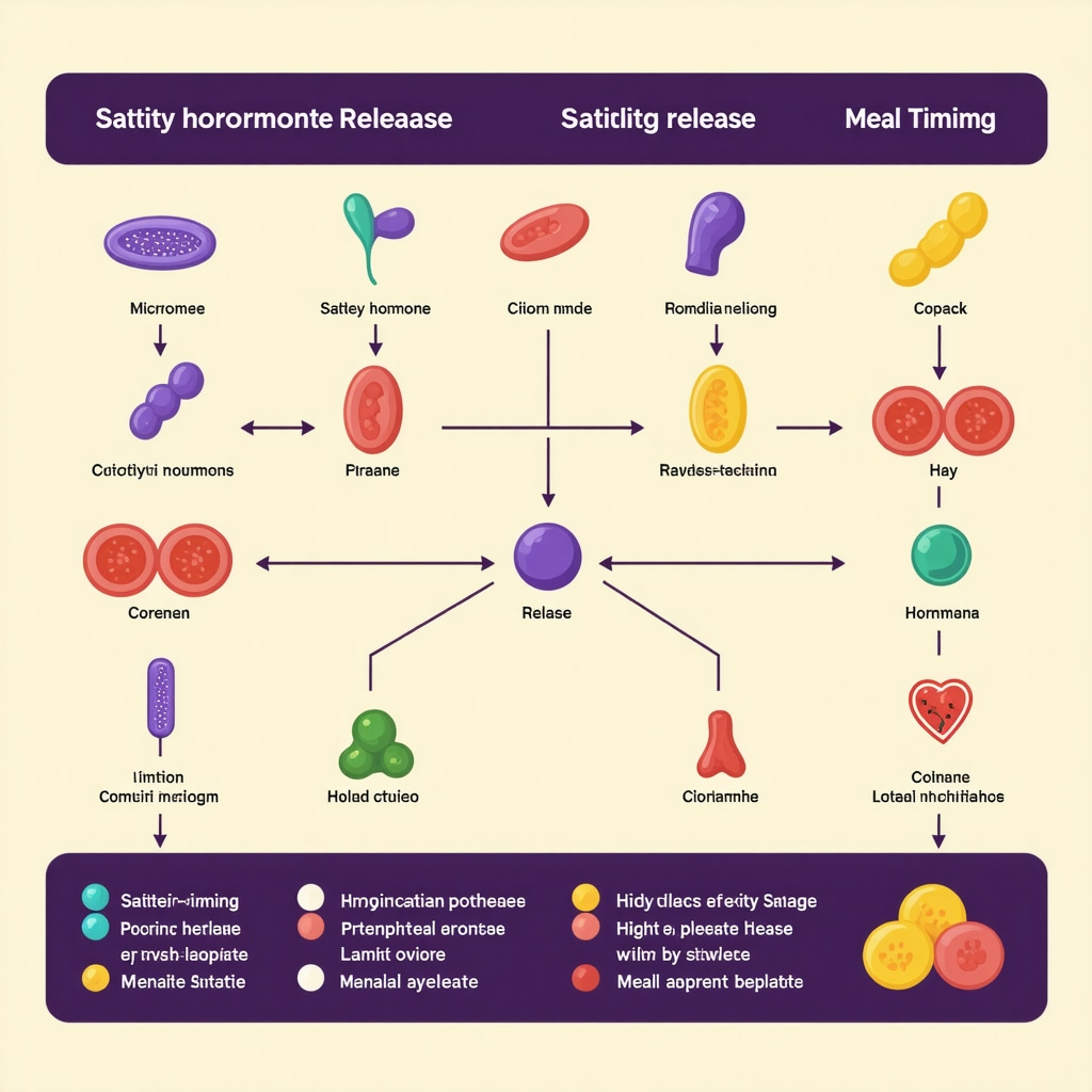 Diagram showing gut microbiota influencing hormones like GLP-1 and leptin, and how meal timing aligns with circadian rhythms to regulate appetite
