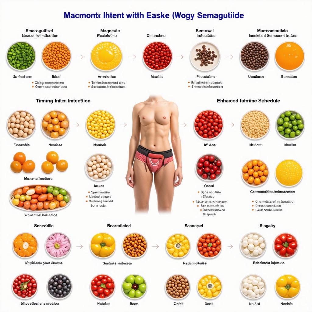 Infographic showing optimal meal timing and nutrient interactions with Wegovy for weight loss