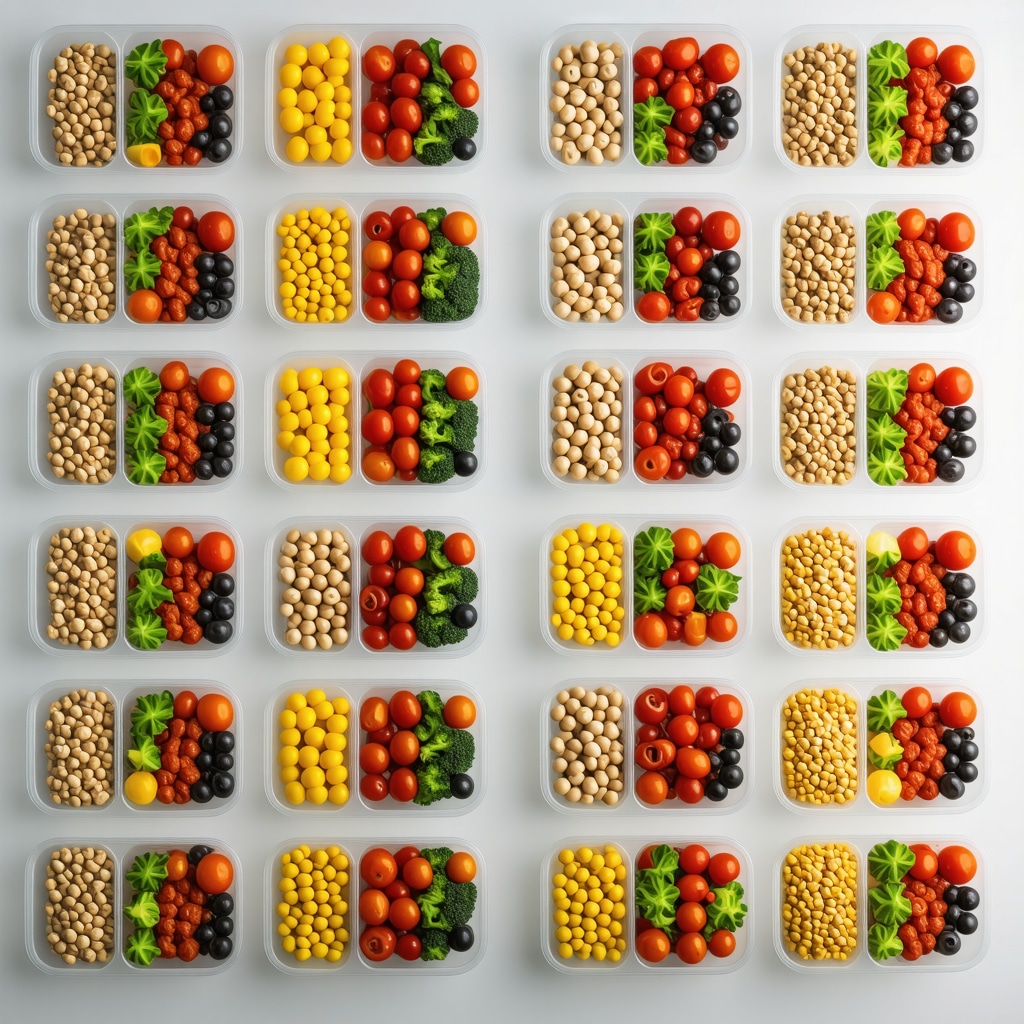 Colorful, healthy meal prep containers with balanced meals including proteins, vegetables, and grains