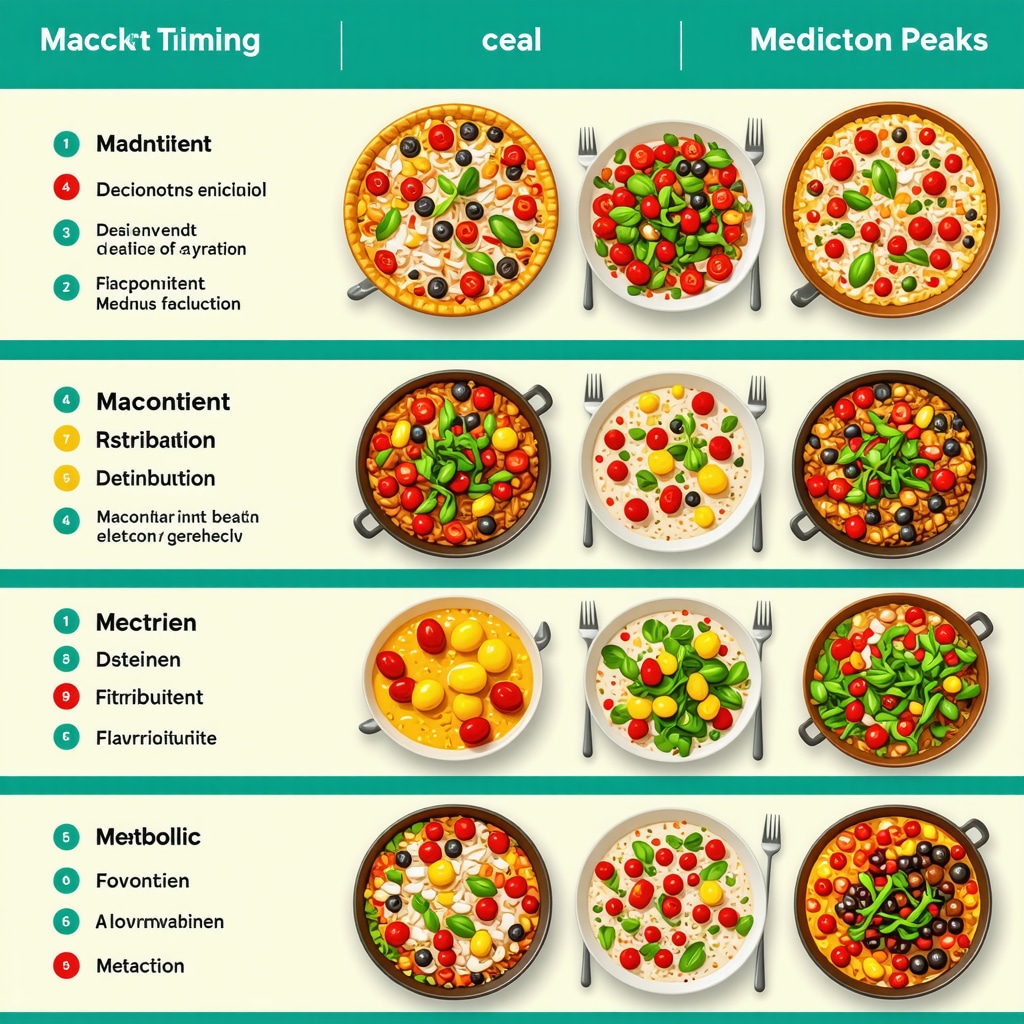 Infographic showing meal timing and macronutrient distribution synchronized with fat loss medication action