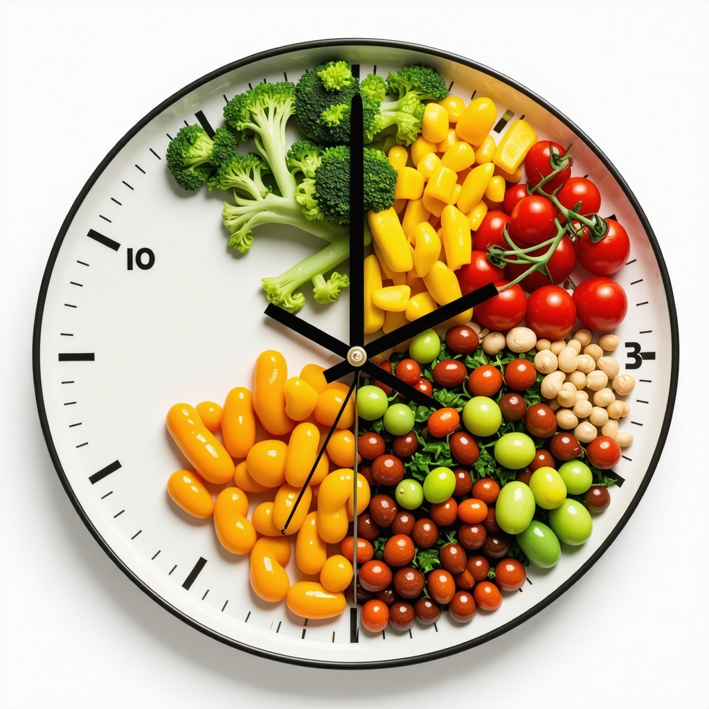 Clock overlay on balanced meal illustrating optimal meal timing with GLP-1 injections