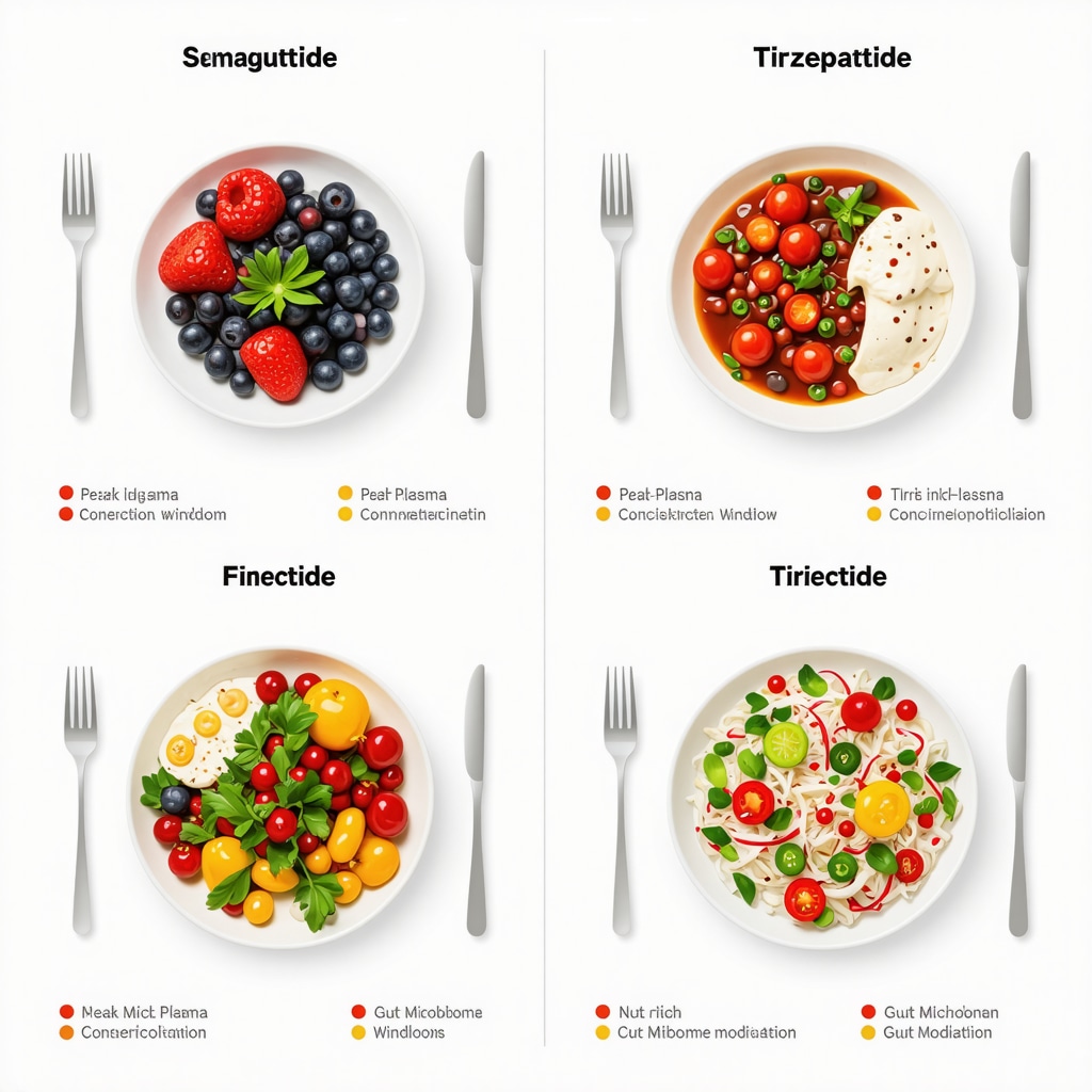 Infographic showing meal timing aligned with semaglutide and tirzepatide pharmacokinetics and microbiome benefits
