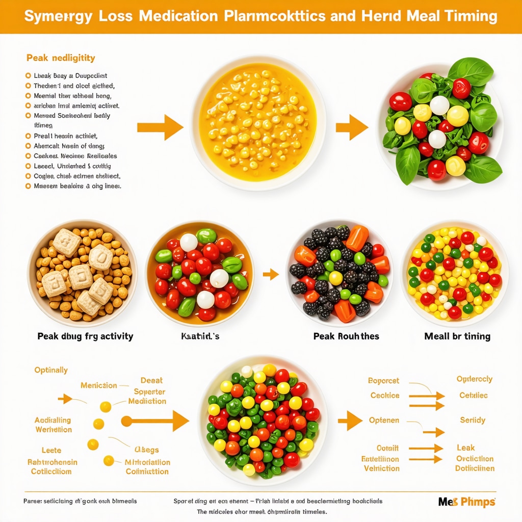 Infographic showing optimal meal timing aligned with weight loss medication peak activity and recommended nutrient intake