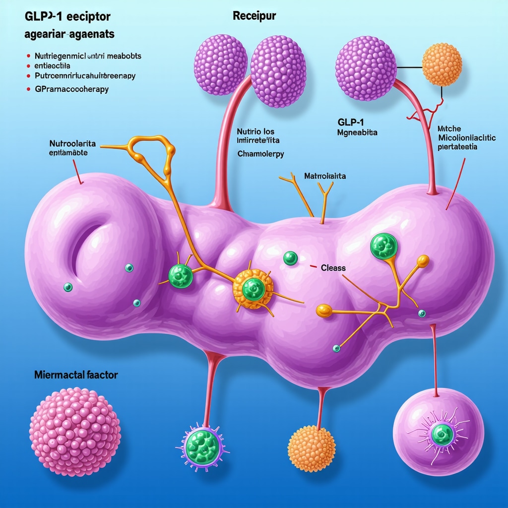 Infographic showing GLP-1 receptor agonists mechanisms, nutrigenomic influences, and gut microbiota in weight loss