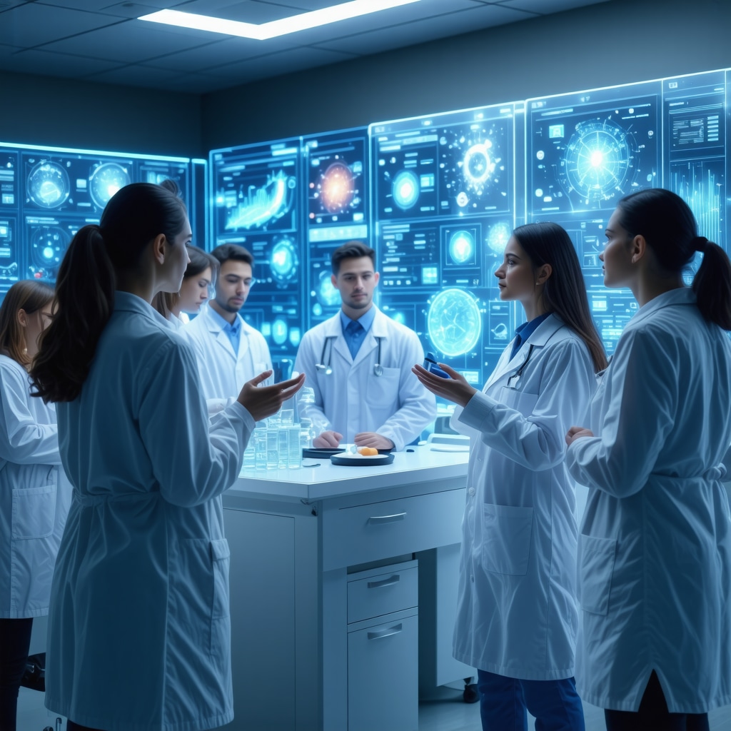 Healthcare professionals using AI and wearable biosensors to customize weight loss medication and nutritional interventions