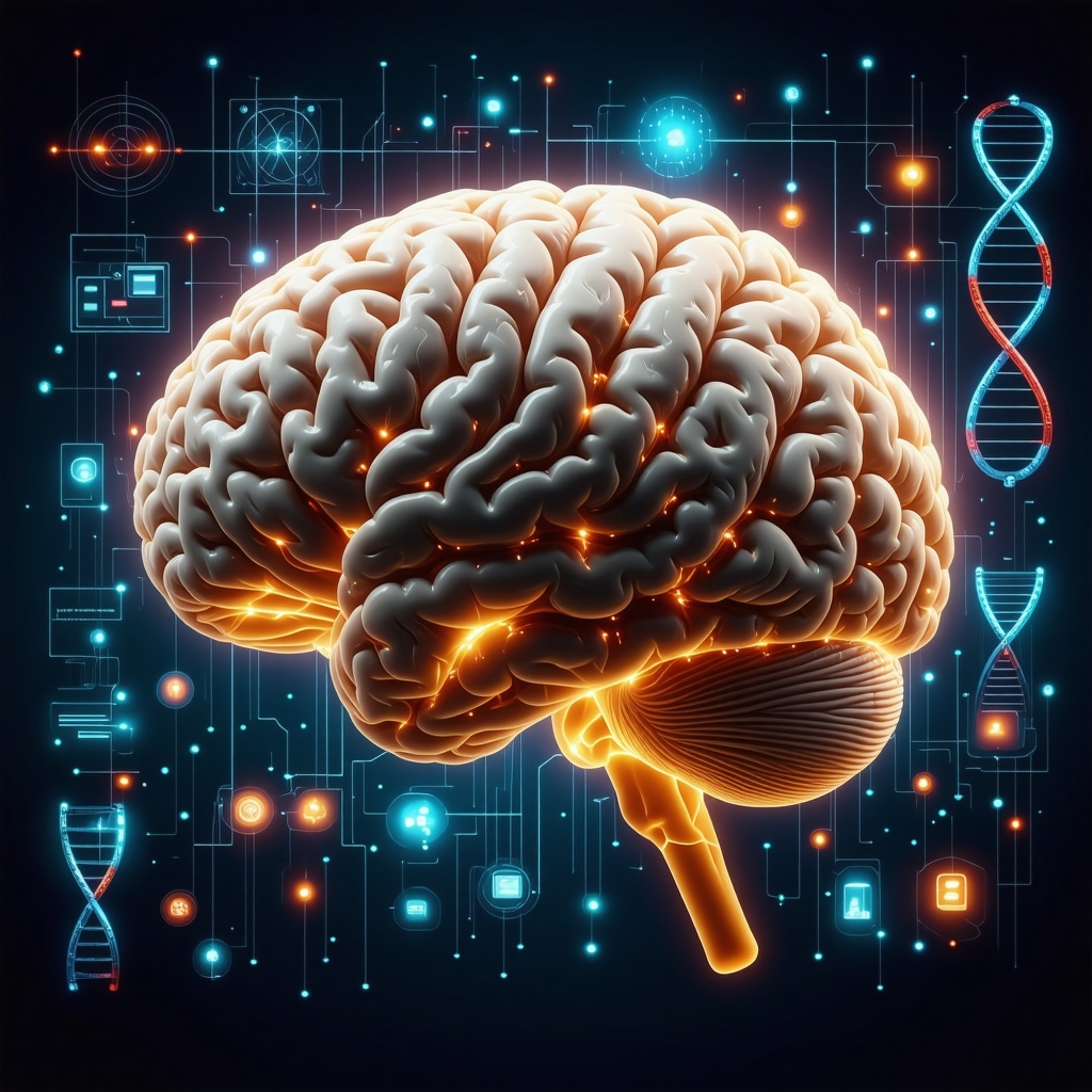 Illustration of brain neural pathways, DNA strands, and digital health app interfaces representing integrated appetite suppressant treatment