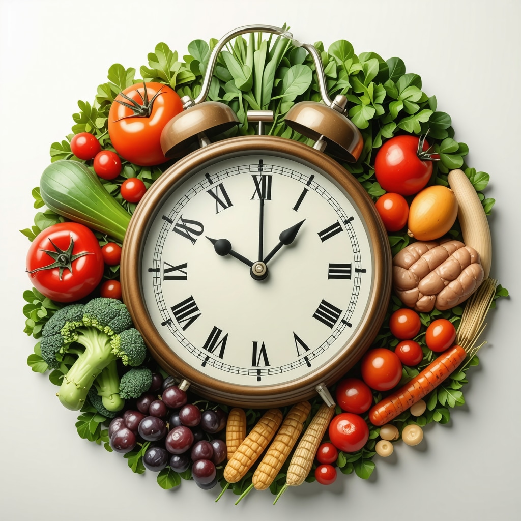 Clock with healthy foods representing nutrient timing and medication synergy for weight loss