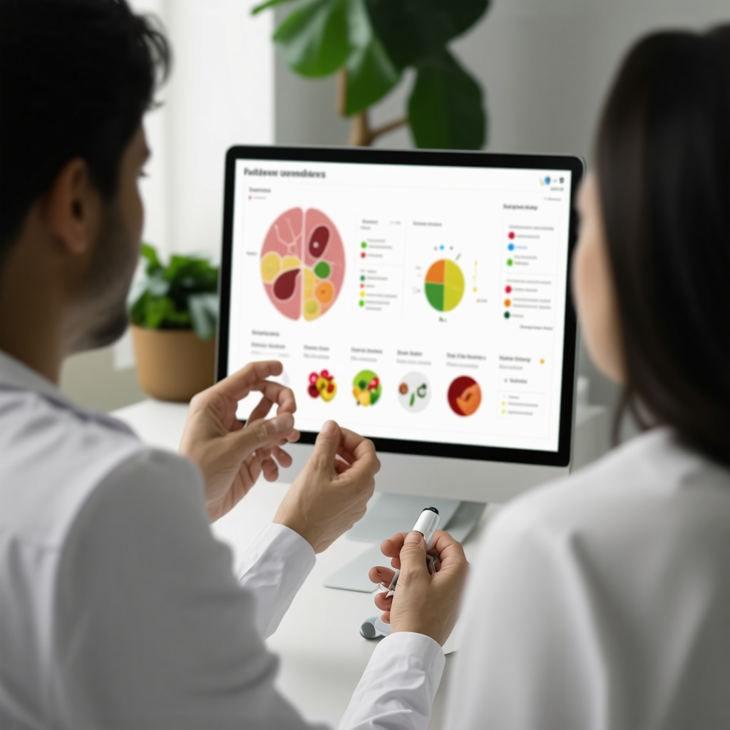 Nutritionist and patient analyzing metabolic biomarkers and gut microbiome data for personalized weight loss plan