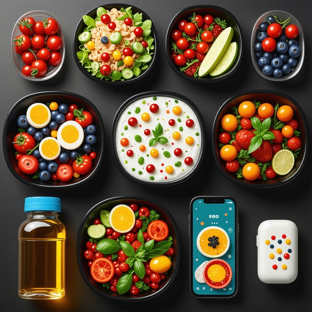 Personalized meal prep containers with vegetables, proteins, hydration bottle, and smart health monitoring devices showing data
