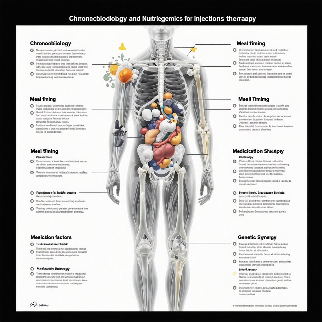 Infographic showing chronobiology and nutrigenomics integration in personalized diet plans for injection therapy
