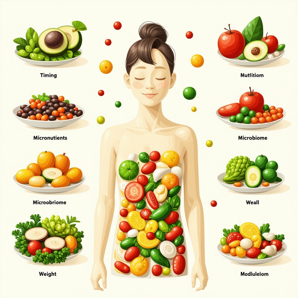 Diagram of personalized meal timing, micronutrient intake, microbiome and medication synergy for weight loss
