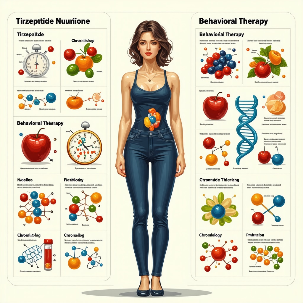 Infographic showing the synergy of tirzepatide injections, tailored diet, behavioral strategies, and circadian rhythm for optimized fat loss