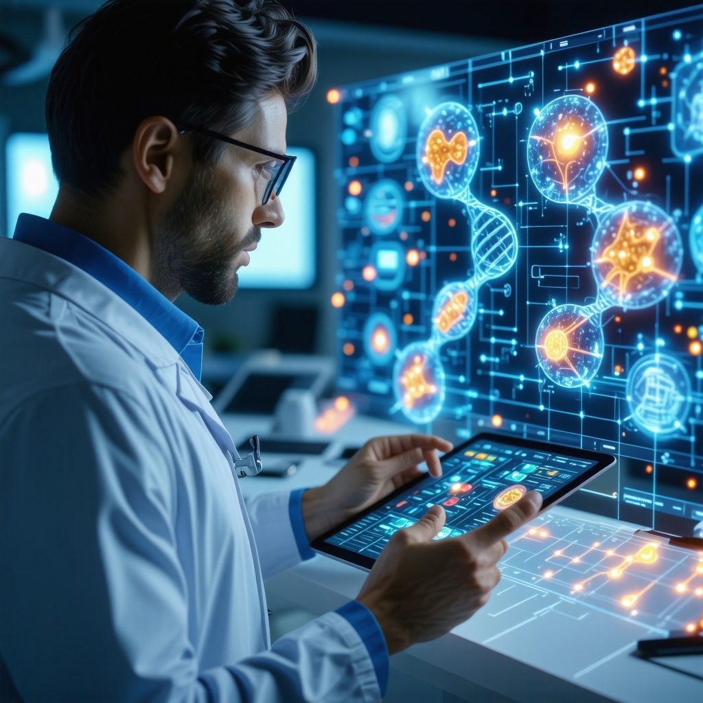 Doctor reviewing holographic displays of genomics and metabolomics data alongside personalized diet and medication plans